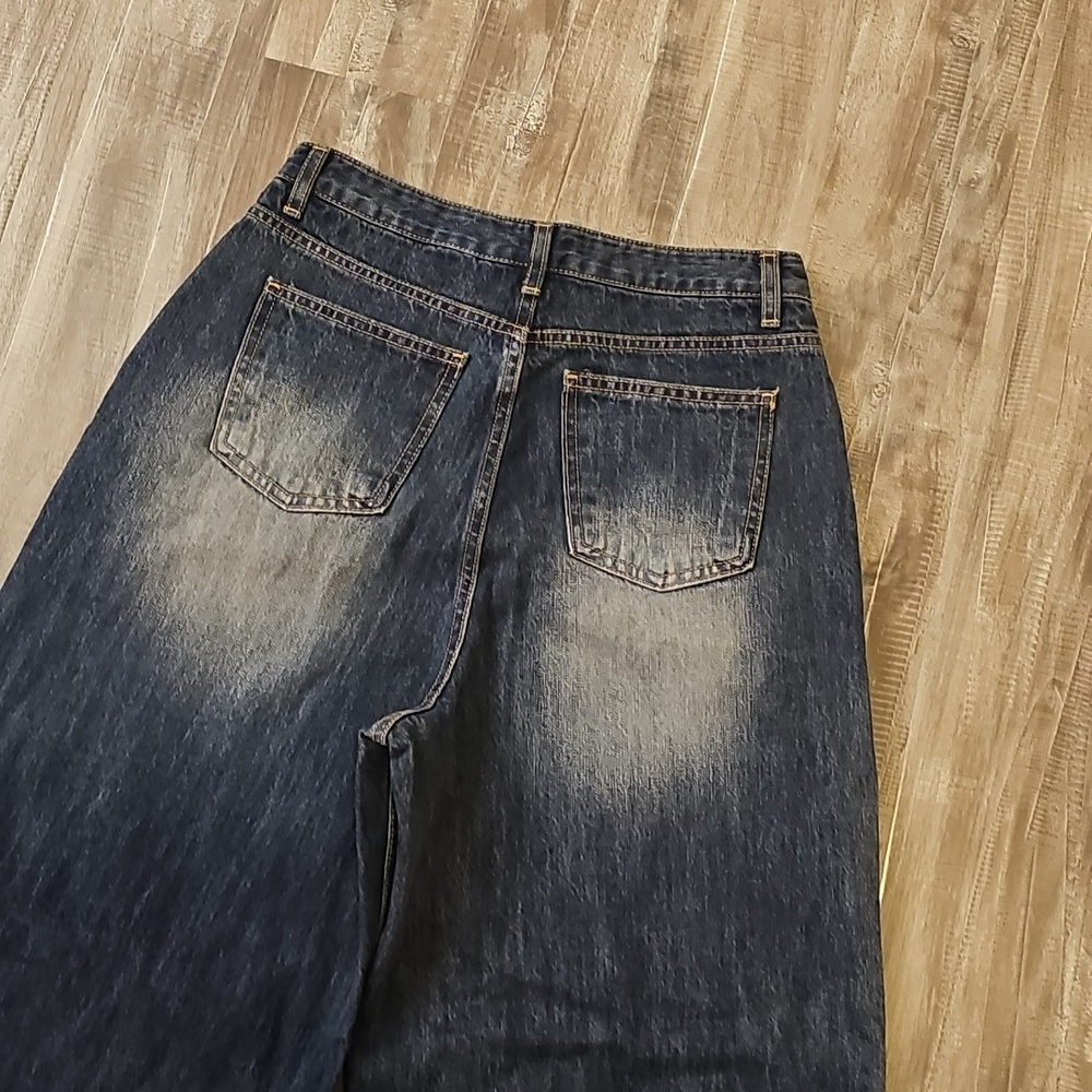 NWOT Oak + Fort Jeans Mid-Rise Curved Leg Dark Wash Denim Pants Medium Baggy - Picture 9 of 9